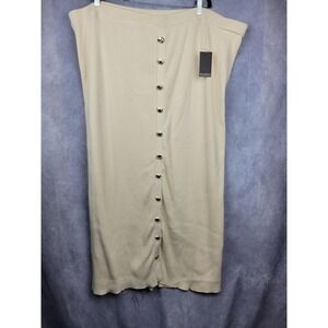 ELOQUII Cream Ribbed Button Front Midi Skirt Plus Size 26 28